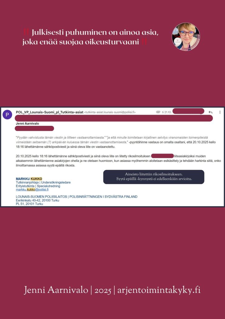 Poliisi vahvistaa lokakuussa 2025 vastaanottaneensa uuden laajan todistusaineiston ja liittäneensä sen rikosilmoitukseen, mutta ei ota kantaa syytä epäillä -kynnyksen ylittymiseen.