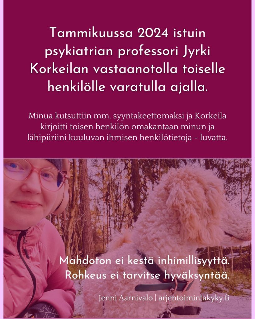 Tammikuussa 2024 tilanne kriisiytyi ja psykiatrin vastaanotolla Aarnivalo kuuli itseään kutsuttavan "syyntakeettomaksi".